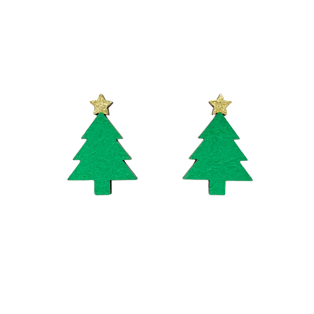 Hand Painted Wooden Christmas Tree Stud Earrings