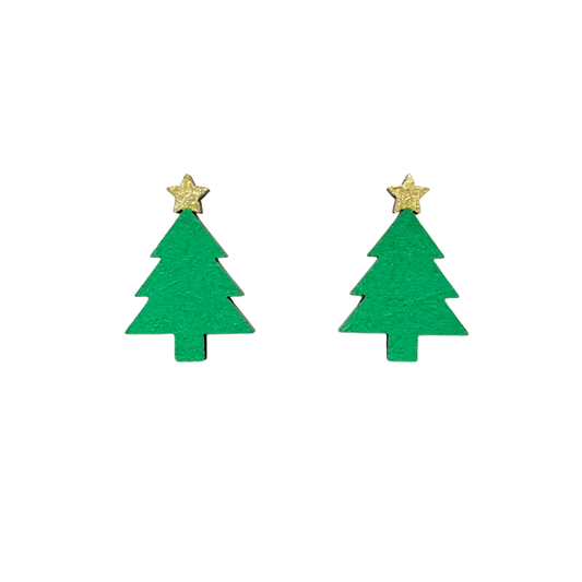 Hand Painted Wooden Christmas Tree Stud Earrings