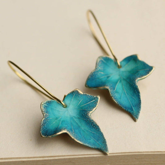 Peacock Ivy Leaf Earrings: Short / Glazed