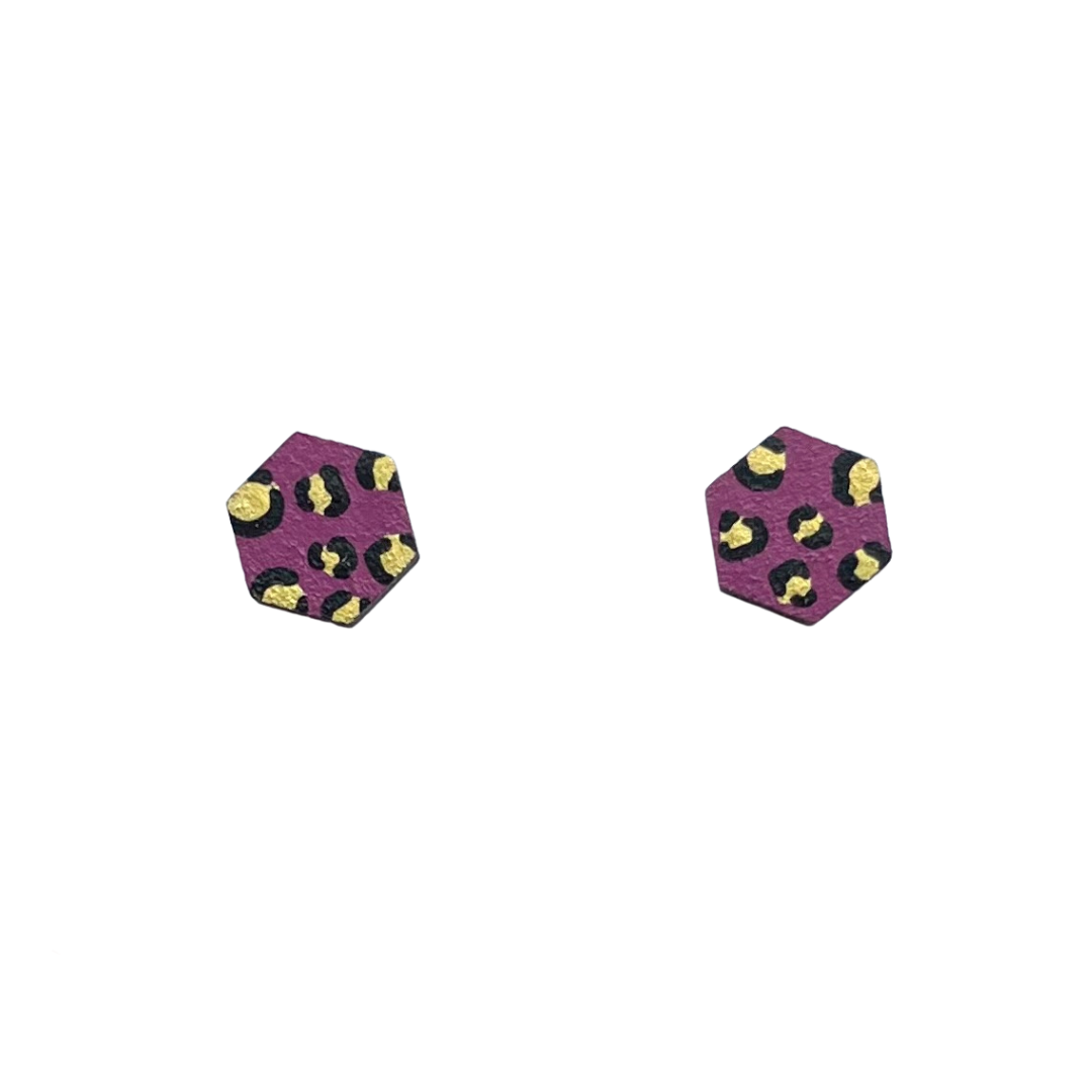 Mini hexagon leopard print stud earrings in raspberry and go