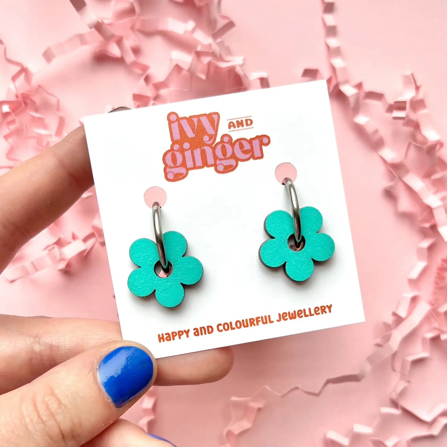 Handmade Fun Teal Flower Hoop Fun Statement Earrings