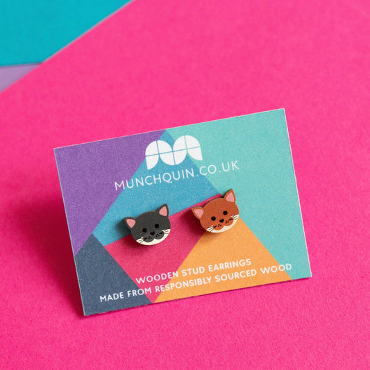 Mismatched cats - cute wooden stud earrings