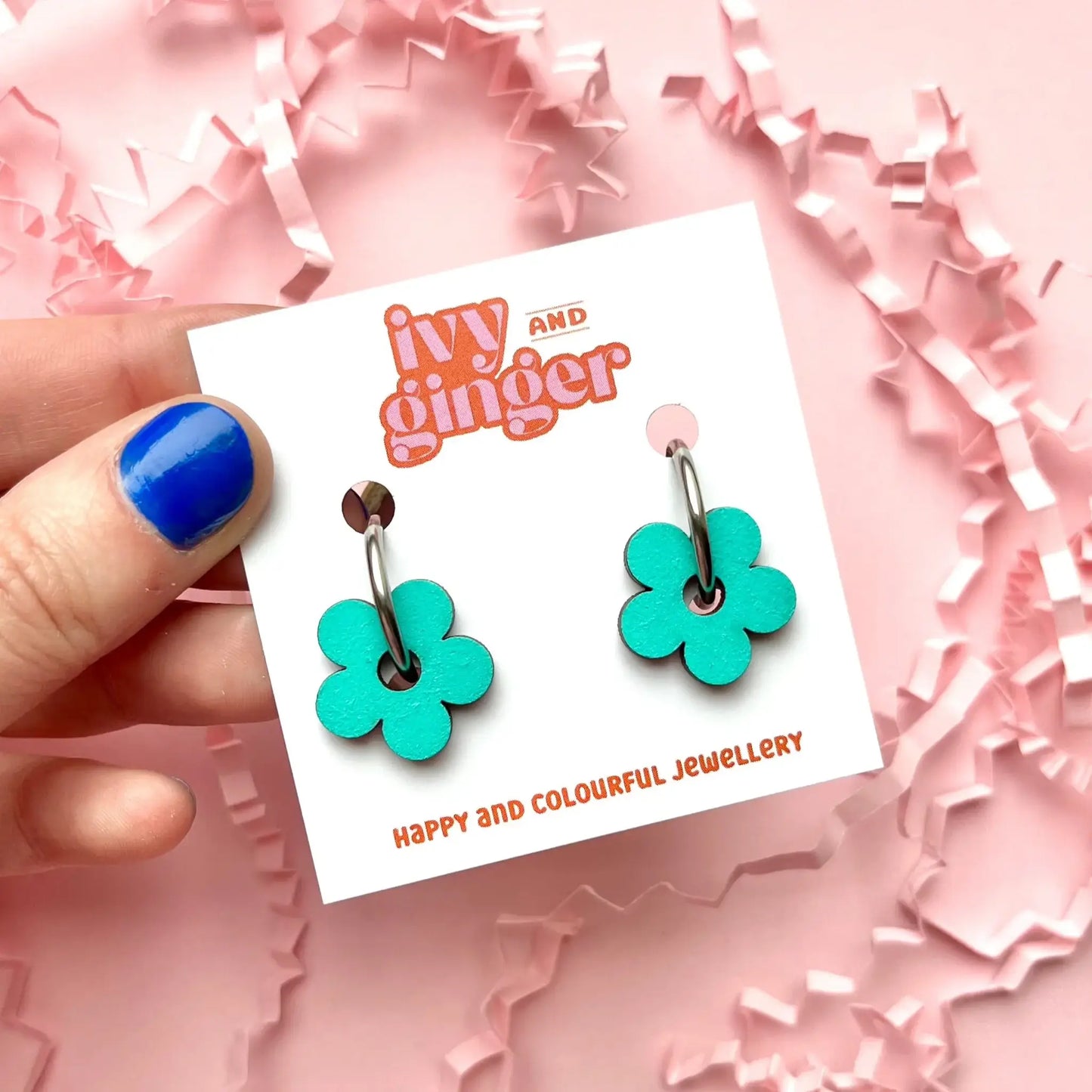 Handmade Fun Teal Flower Hoop Fun Statement Earrings