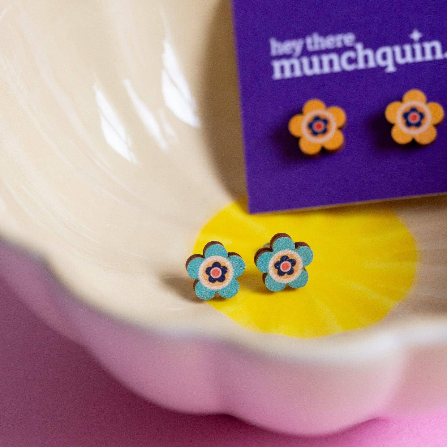 Blue Daisies - eco friendly wooden stud earrings