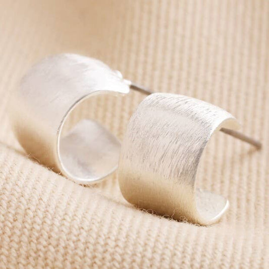 Brushed Wide Huggie Hoop Earrings: Silver