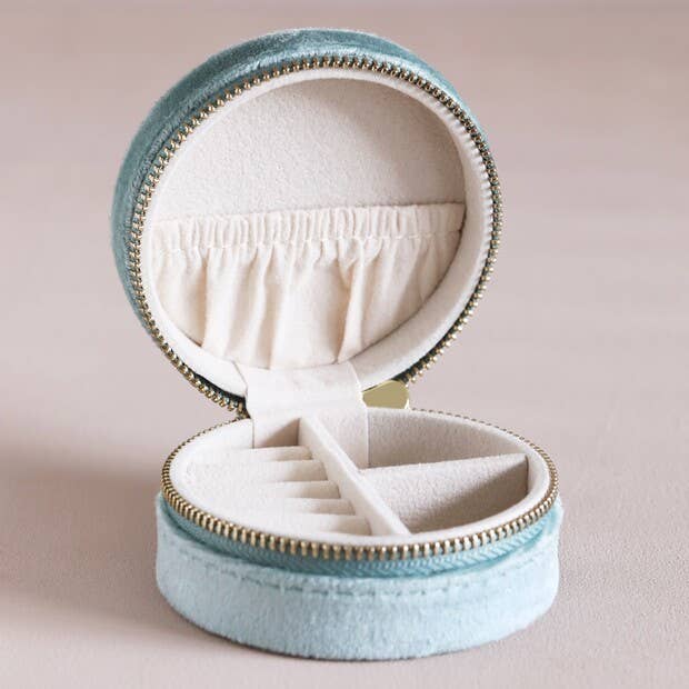 Blue Velvet Round Travel Jewellery Case