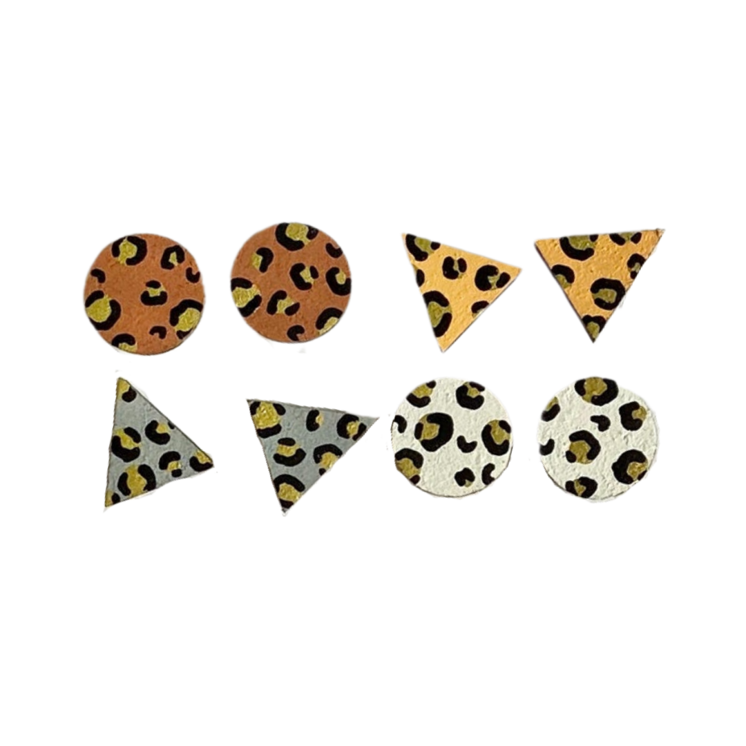 Gold Leopard Print Hand Painted Wooden Earrings Stud Set