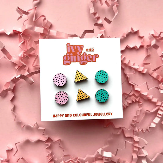 80's style mini stud earrings set hand painted wooden