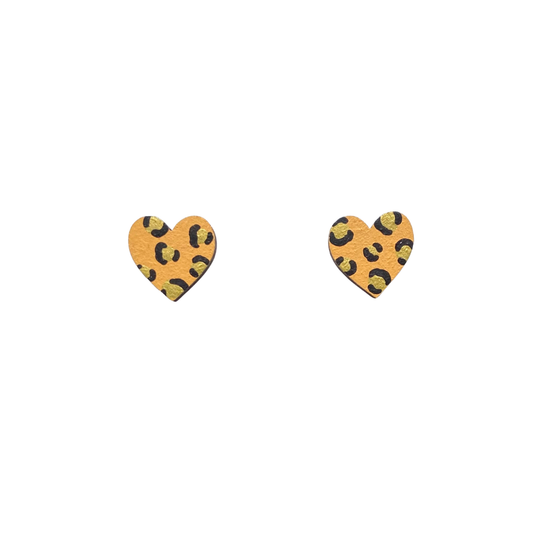 Mini leopard print heart yellow and gold stud earrings