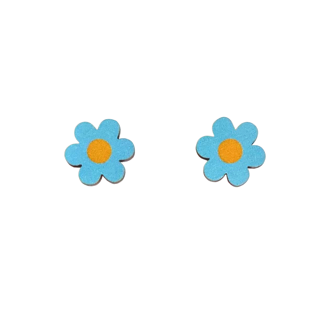 Midi daisy stud digitally printed wooden earrings blue