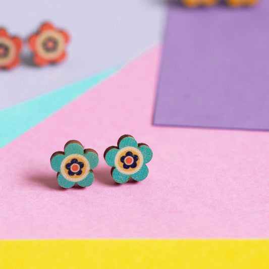 Blue Daisies - eco friendly wooden stud earrings