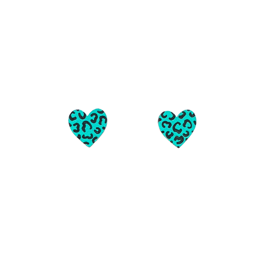 Mini teal and black leopard print heart stud earrings