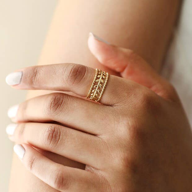 Adjustable Stainless Steel Grecian Leaf Ring in Gold