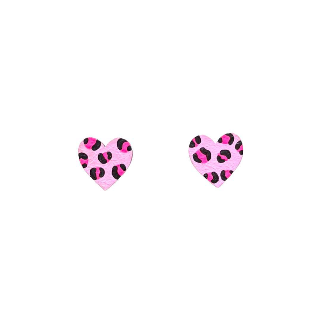 Mini neon pink leopard print statement heart stud earrings