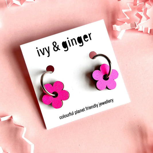 Hand Painted Neon Wooden Flower Statement Hoop Earrings