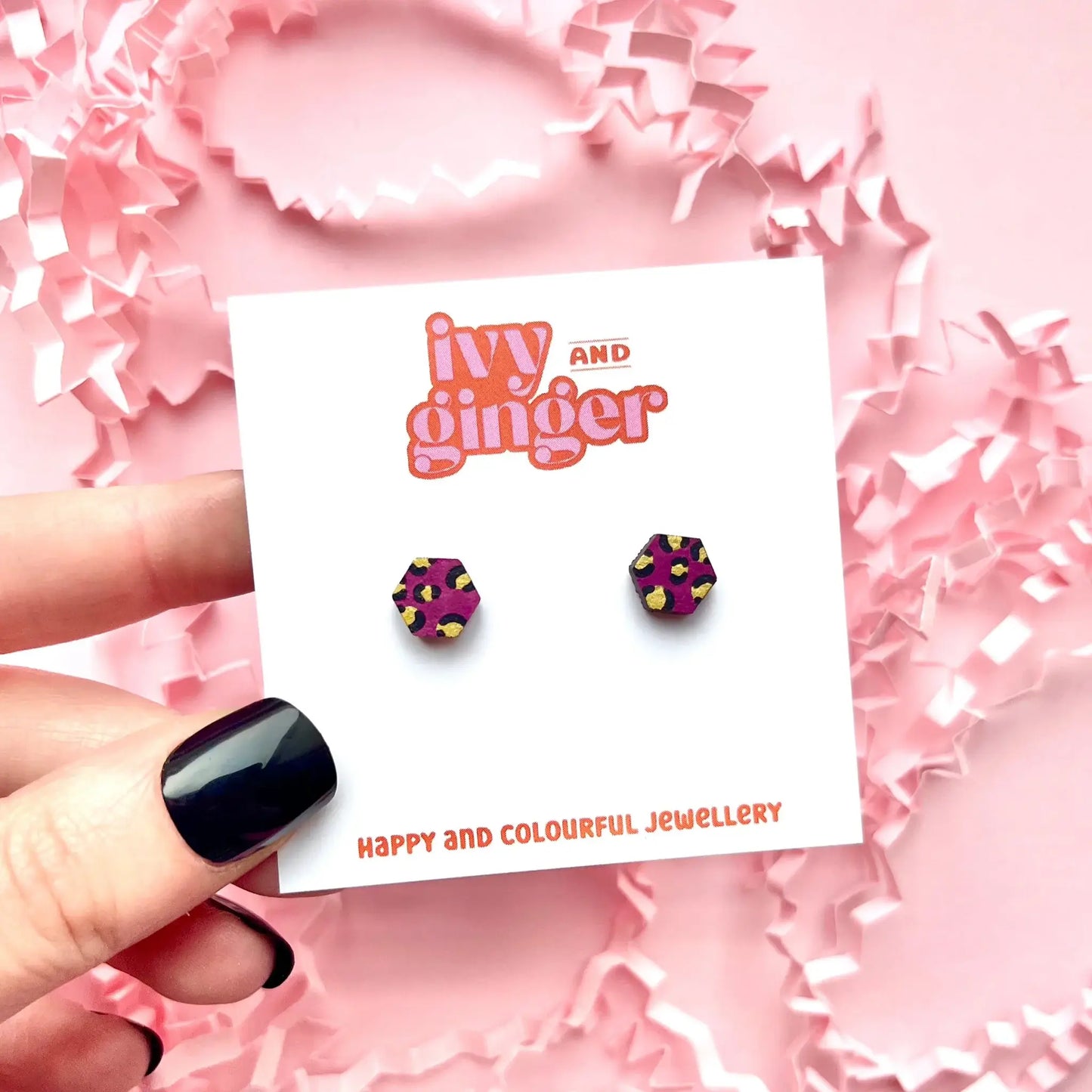 Mini hexagon leopard print stud earrings in raspberry and go