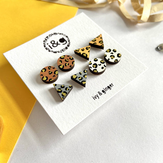 Gold Leopard Print Hand Painted Wooden Earrings Stud Set