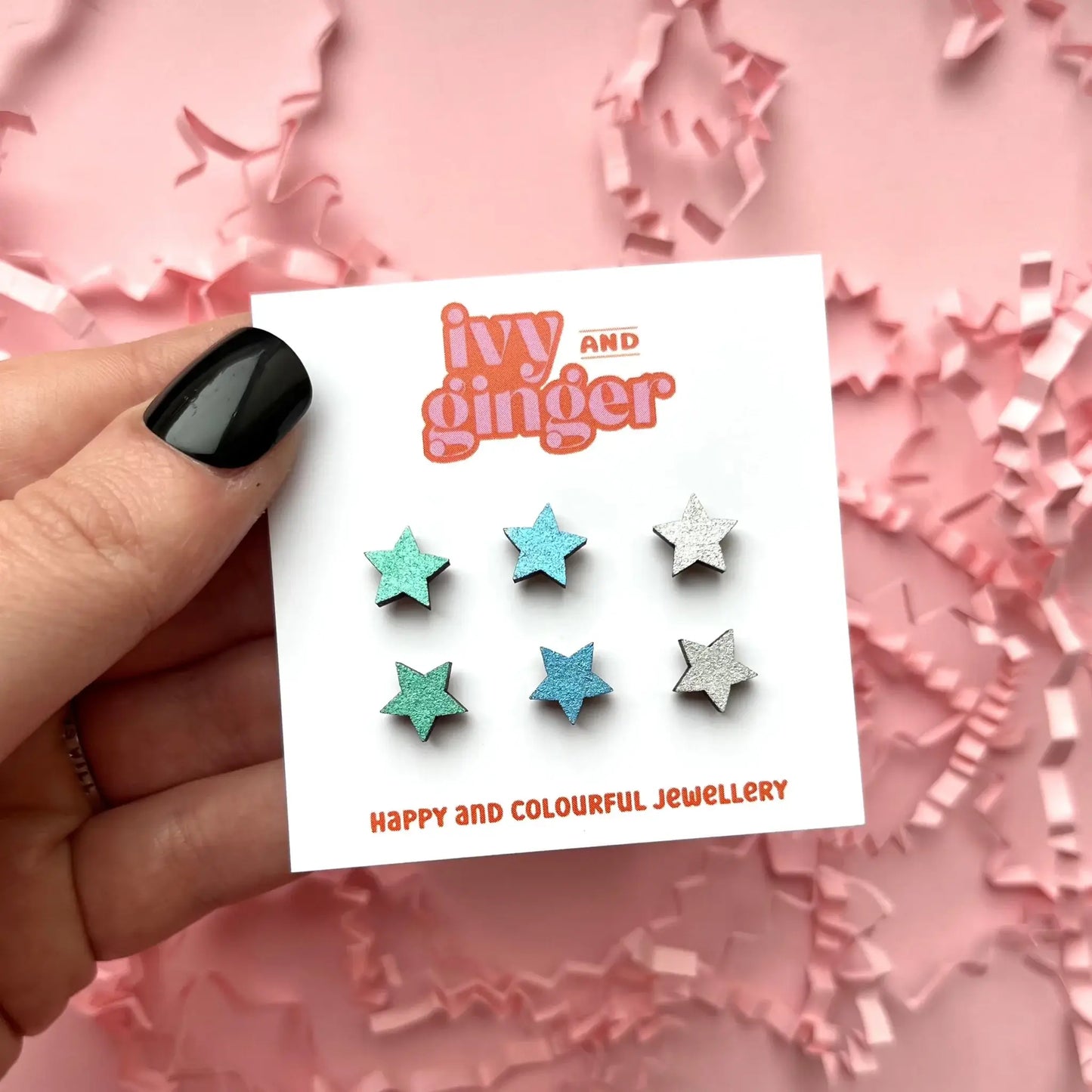 Silver star hand painted wooden statement earrings