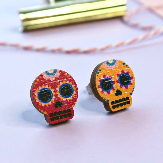 Mismatched sugar skulls - eco friendly wooden stud earrings