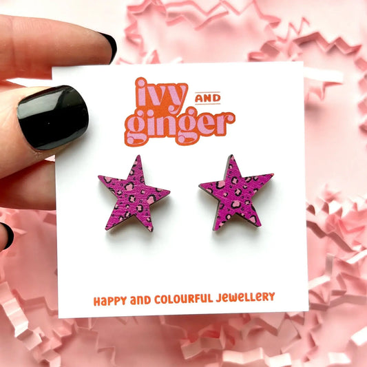 Purple leopard print star statement stud earrings