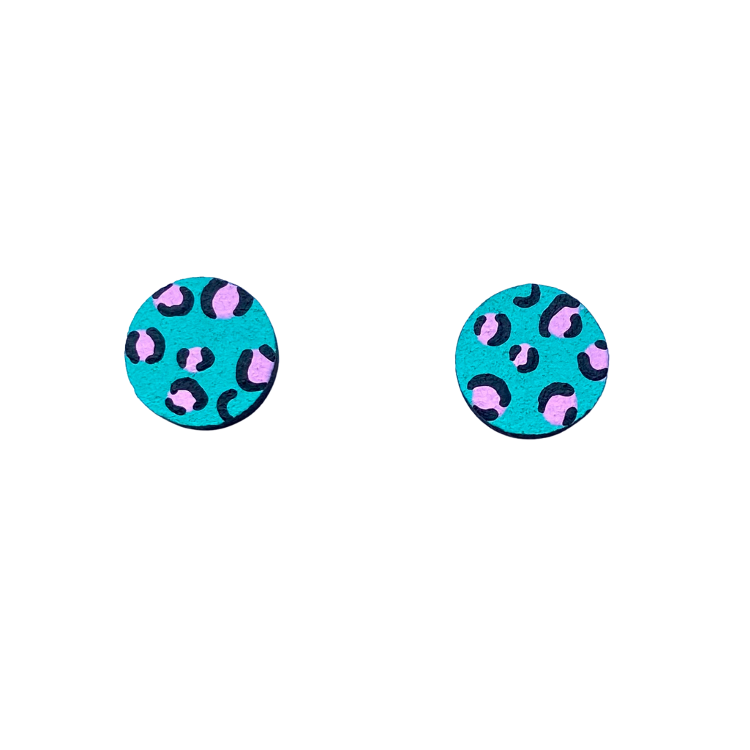 Handmade Green and Pink Mini leopard Print Stud Earrings