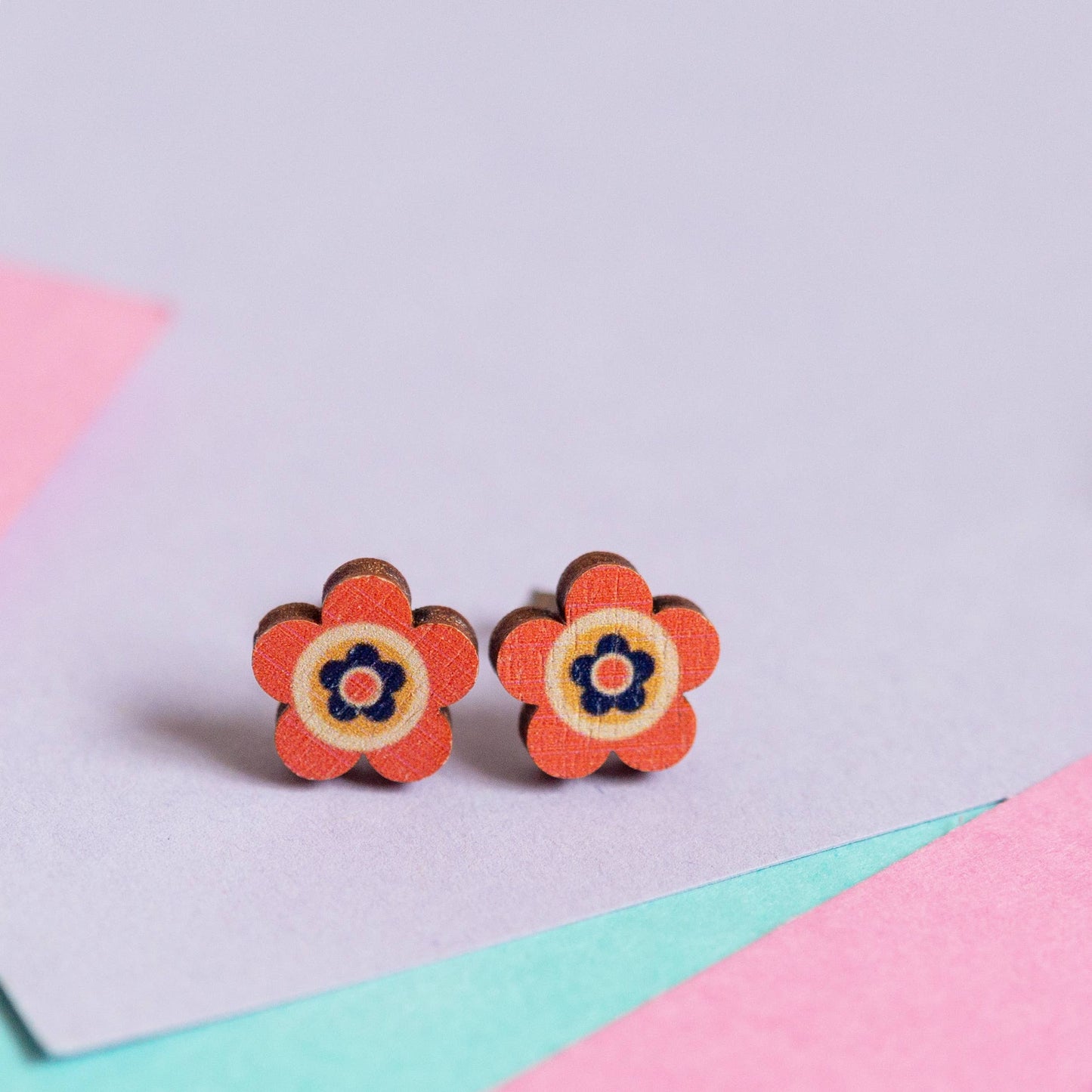 Orange Retro Daisies - eco friendly wooden stud earrings