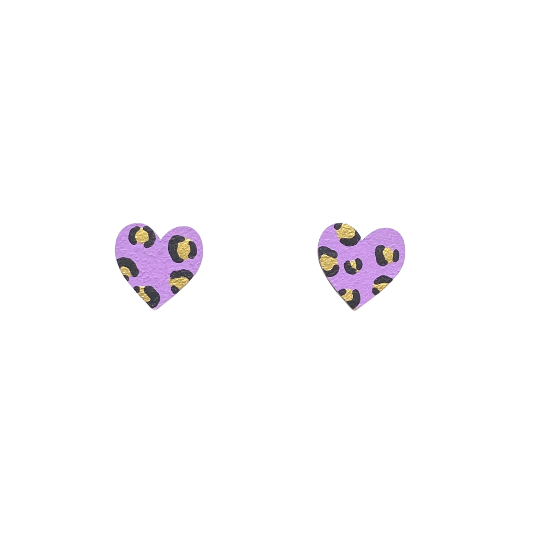 Mini leopard print heart lilac and gold wooden earrings