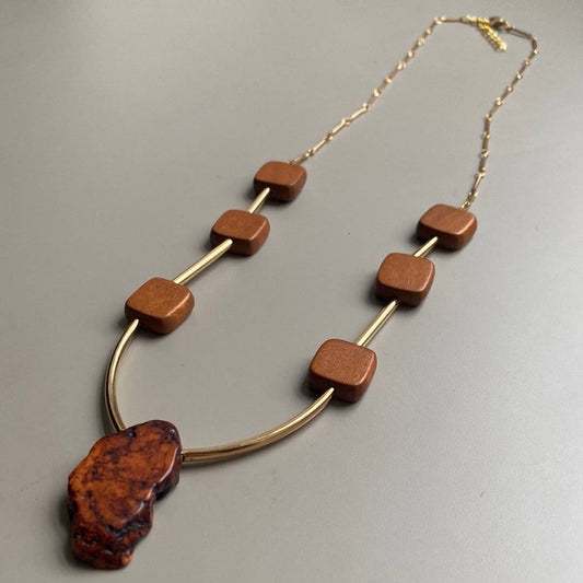 Gist Jewellery Wood and Magnesite Nugget Gold Necklace