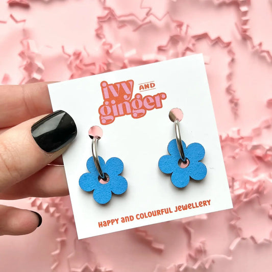 Statement Blue Hand Painted Wooden Flower Hoop Earrings