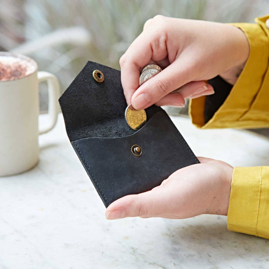 Buffalo Leather Coin Purse - Small Coin Wallet: Black